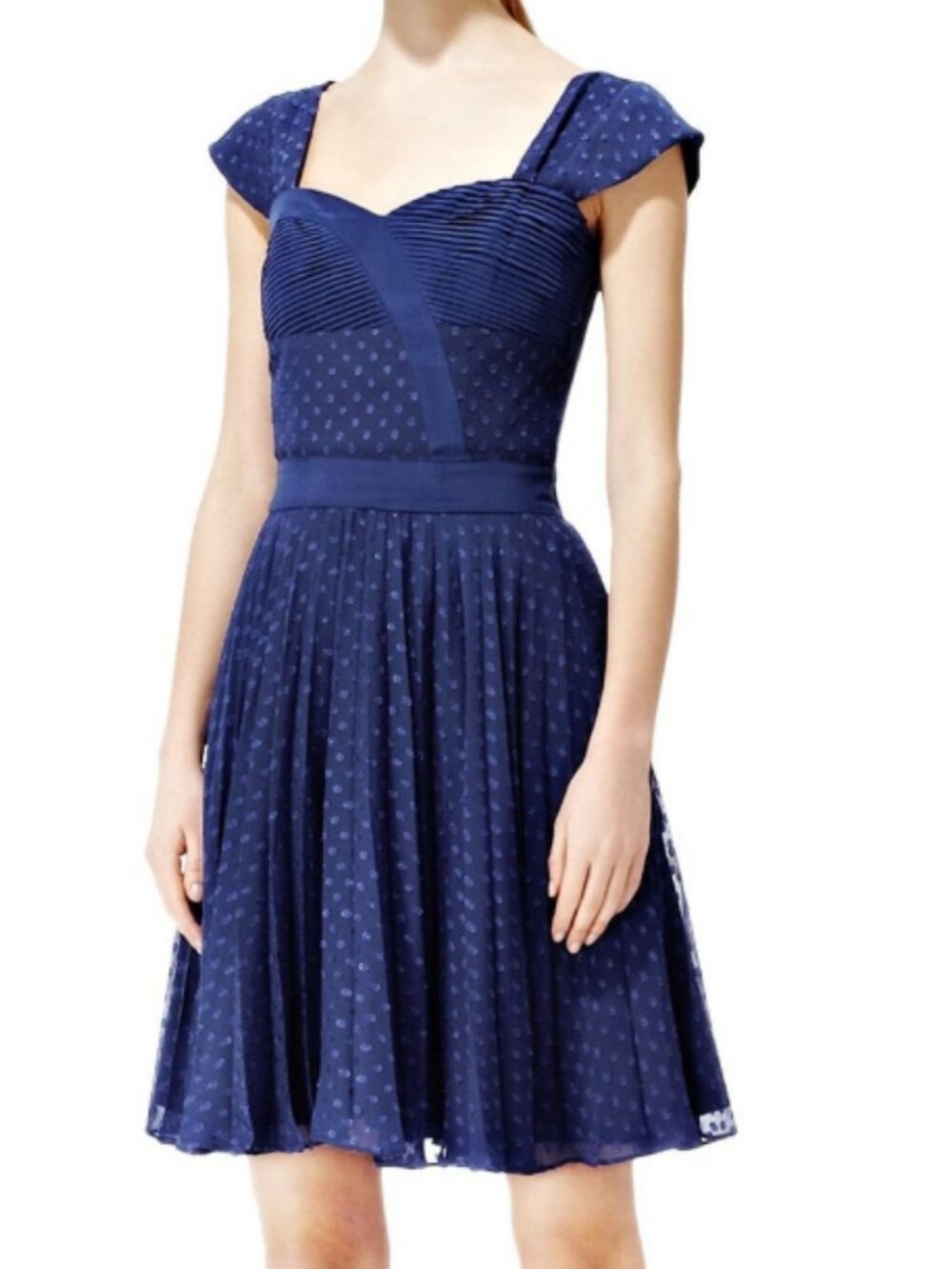 Reiss 'Melia' Cap Sleeve Pleated Paneled Fit & Flare Dress in Blue Size 6